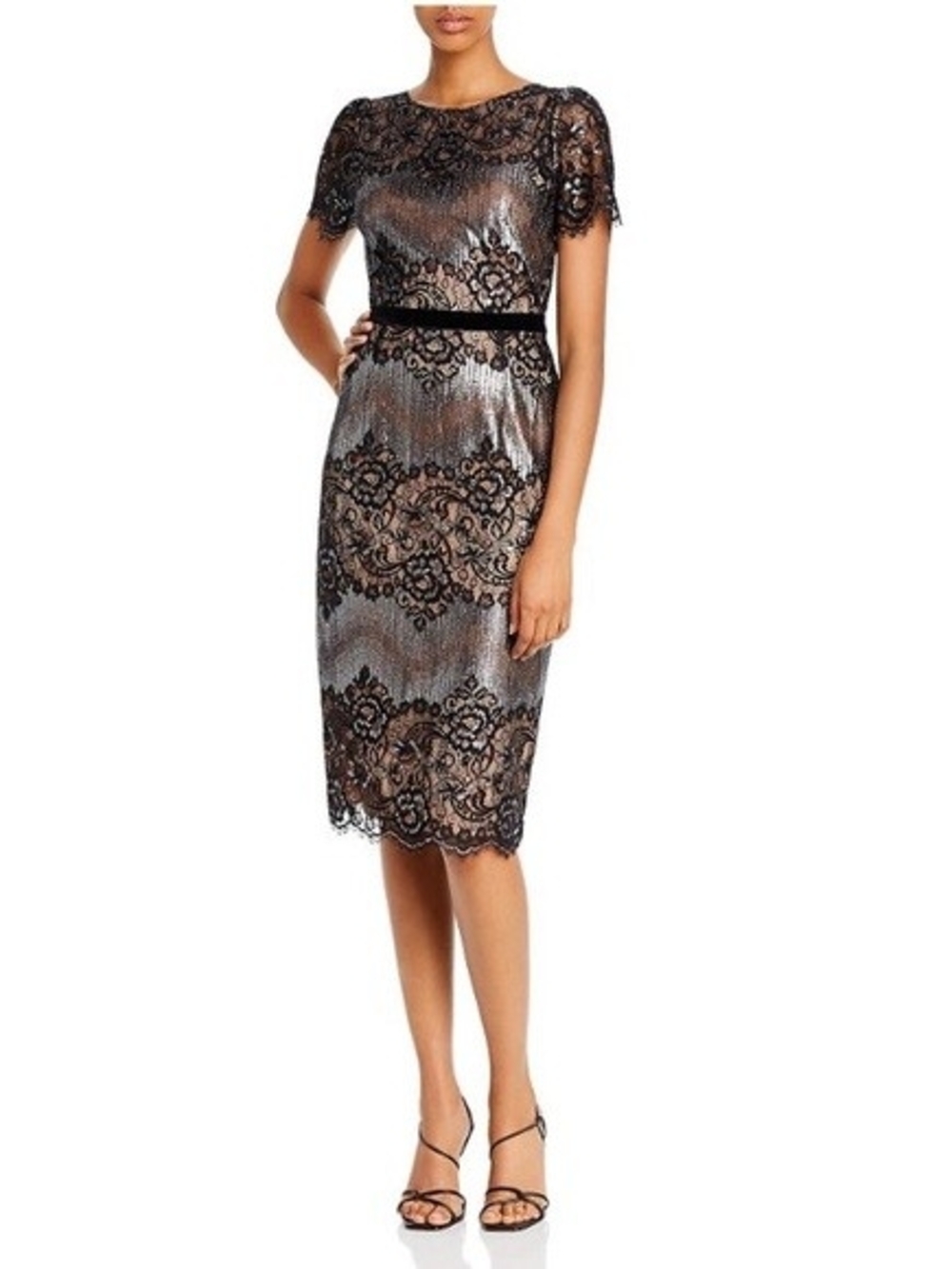 BCBGMaxAzria Black Lace-Overlay Silver Metallic Midi Dress